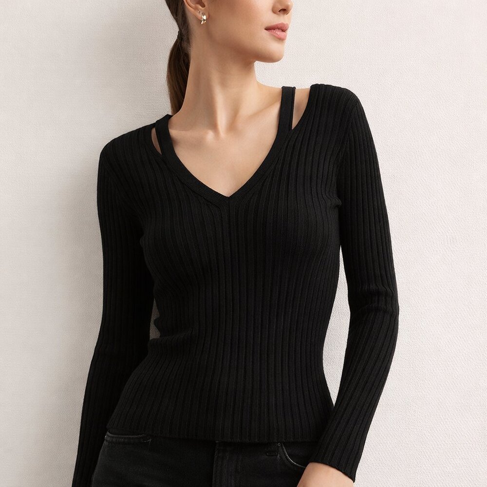 bobi BLACK Ribbed Cutout V Neck Sweater Small Black Fitted Knit Top